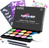 Paintaboo Kit de maquillage à base d'eau pastel avec Pinceaux, éponge, Modèles et paillettes - Palette de Maquillage pour Enfants 15 couleurs x 3 grammes