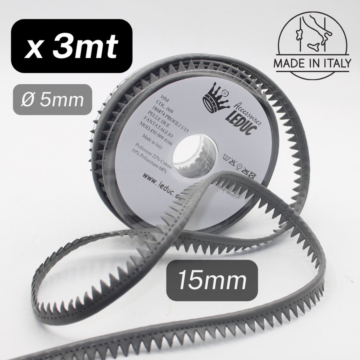 3 Meter IMITATIELEDER PASPELBAND/PIPING Met Tandmotief, Breedte 15MM, Dikte 5MM, Italiaanse Kwaliteit, Kleur GRIJS
