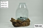 Prohobtools - Gesmolten glas op hout - Grote vaas - Terrarium- van gerecycleerd glas - Decoratief Beeld - Glazen vaas op stronk - Boomstronk met glas - Ideaal als cadeau