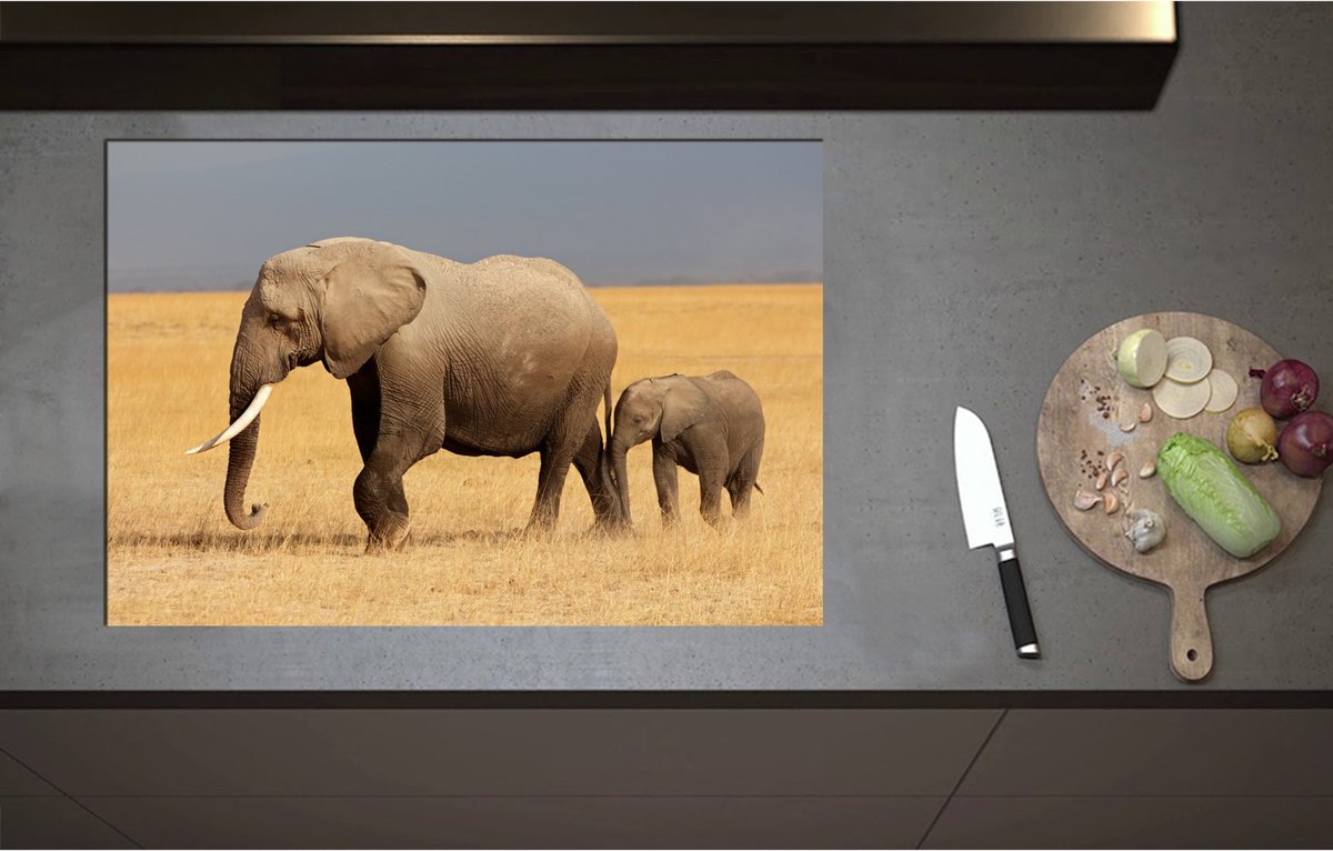 Inductieplaat Beschermer - Afrikaanse Olifant met Baby Olifantje - 80x55 cm - 2 mm Dik - Inductie Beschermer - Bescherming Inductiekookplaat - Kookplaat Beschermer van Zwart Vinyl