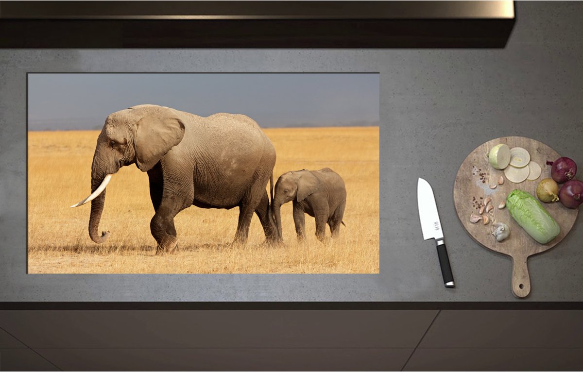 Inductieplaat Beschermer - Afrikaanse Olifant met Baby Olifantje - 90x52 cm - 2 mm Dik - Inductie Beschermer - Bescherming Inductiekookplaat - Kookplaat Beschermer van Zwart Vinyl