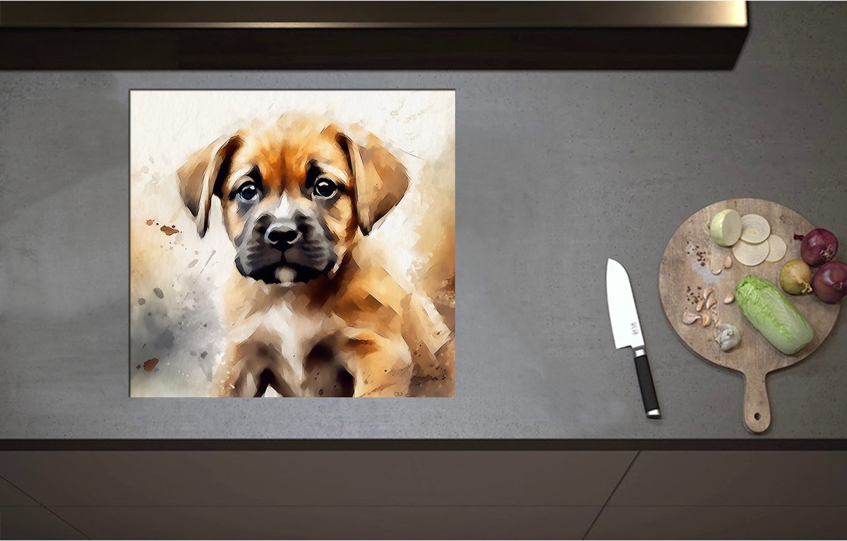 Inductieplaat Beschermer - Aquarel Tekening van Bruine Puppy - 58x55 cm - 2 mm Dik - Inductie Beschermer - Bescherming Inductiekookplaat - Kookplaat Beschermer van Wit Vinyl