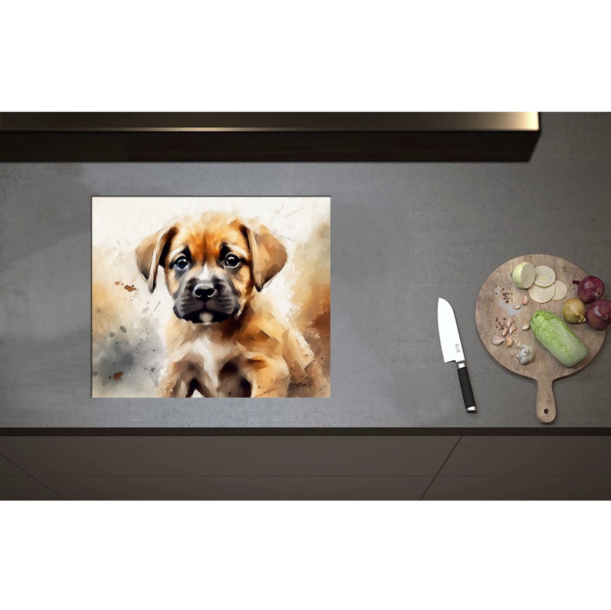 Inductieplaat Beschermer - Aquarel Tekening van Bruine Puppy - 59x50 cm - 2 mm Dik - Inductie Beschermer - Bescherming Inductiekookplaat - Kookplaat Beschermer van Zwart Vinyl