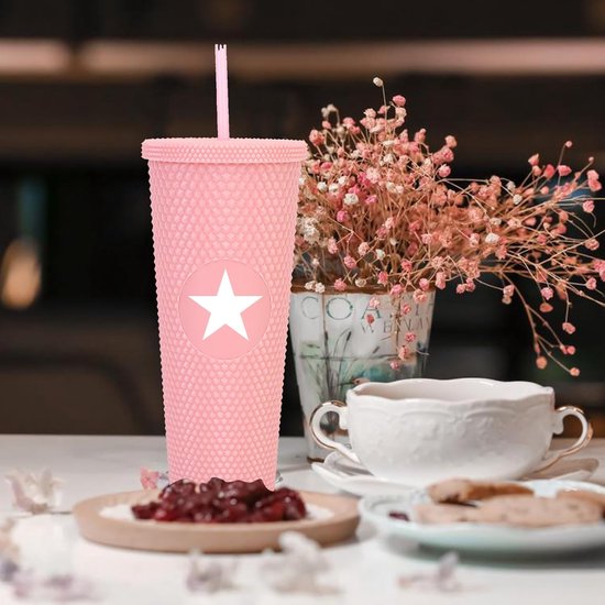 TELANKS Drinkbeker met deksel en rietje, 710 ml, plastic beker met deksel en rietje, herbruikbare dubbelwandige plastic klinknagels beker