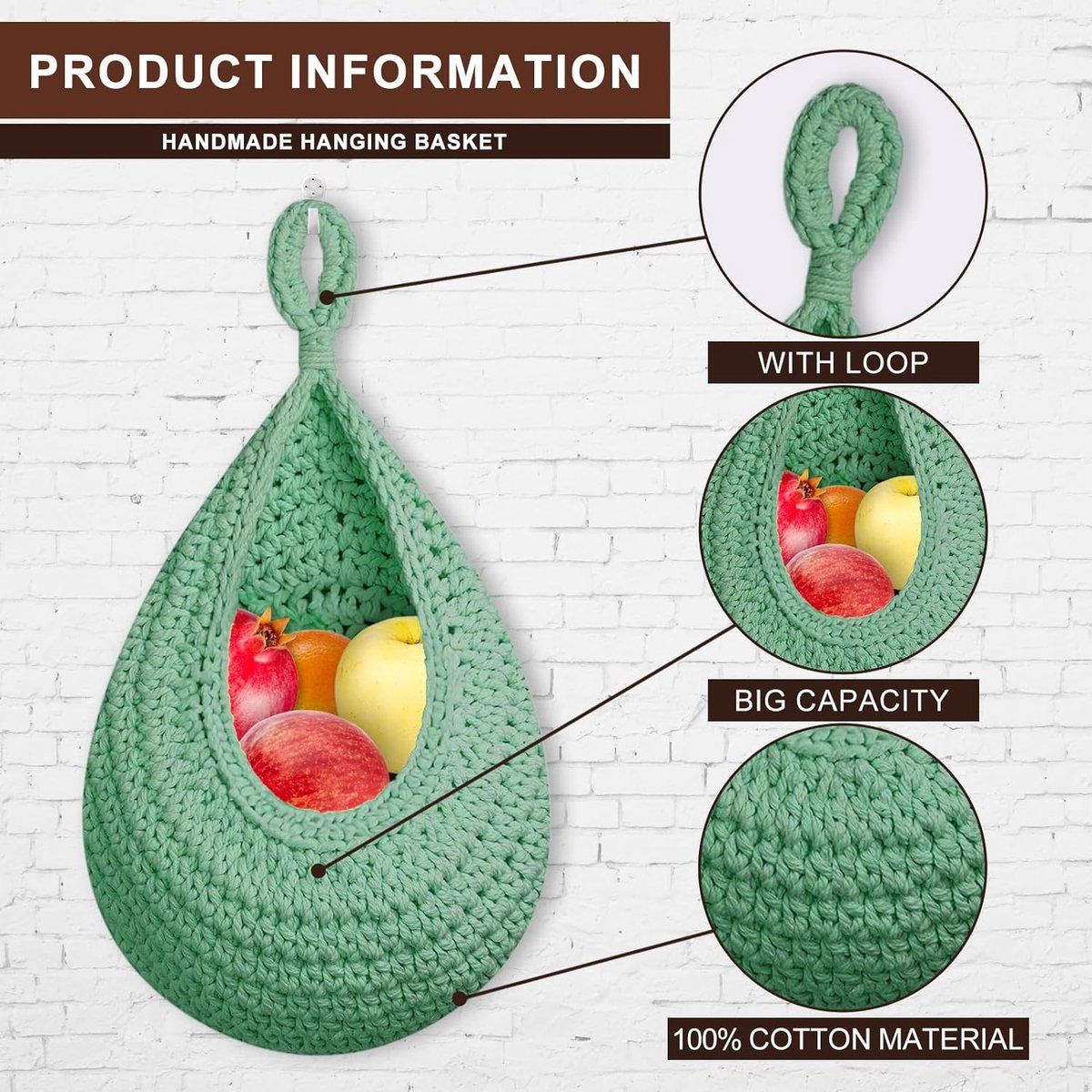 Hangende fruitmand 3 stuks handgeweven katoenen touw wandmand macramé hangende fruitmand voor fruit- en groenteopslag hangende deuropbergbeugel Boheemse manddecoratie voor de keuken (groen)