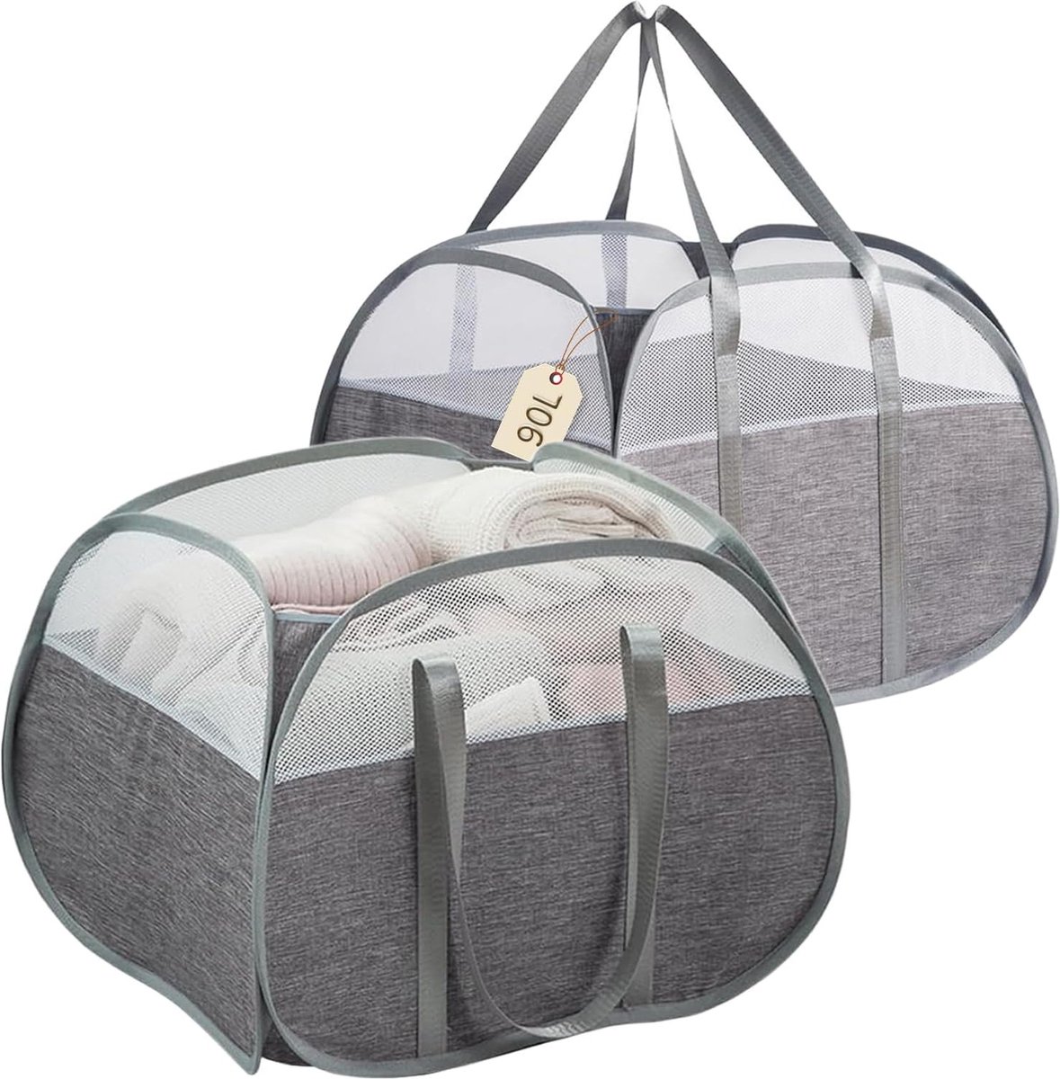 Goedkoopste Opvouwbare wasmand, 2 stuks pop-up wasmand, 90 liter, opvouwbare wasmand met handvat, wasmand van mesh, opbergmand voor kinderkamer, college, dorm, camping en reizen, grijs