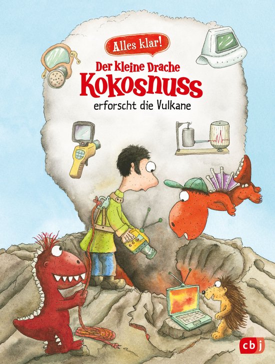 Cover van "Der kleine Drache Kokosnuss erforscht die Vulkane" met draken en een onderzoeker bij een rokende vulkaan.