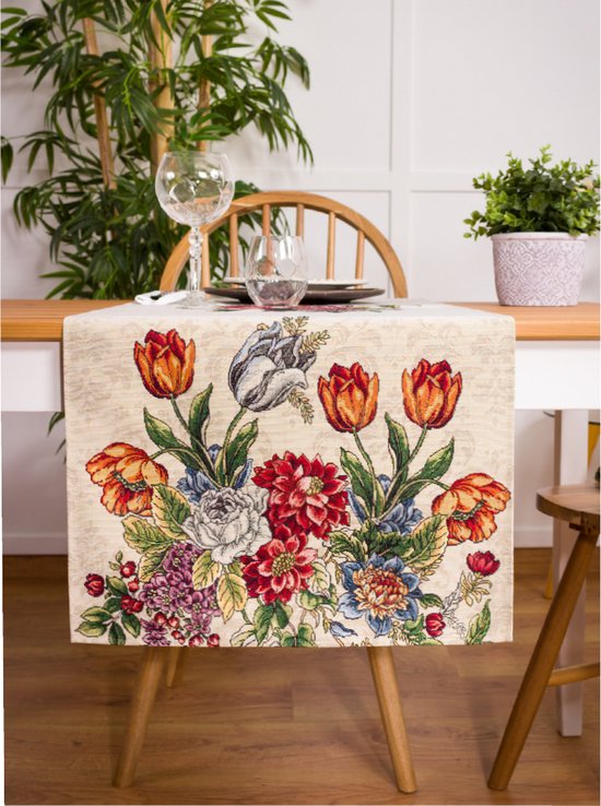 Tafelloper - luxe Gobelinstof - Poline - Tulp - Tulpen - diverse kleurige bloemen - Loper 40 x 100 cm