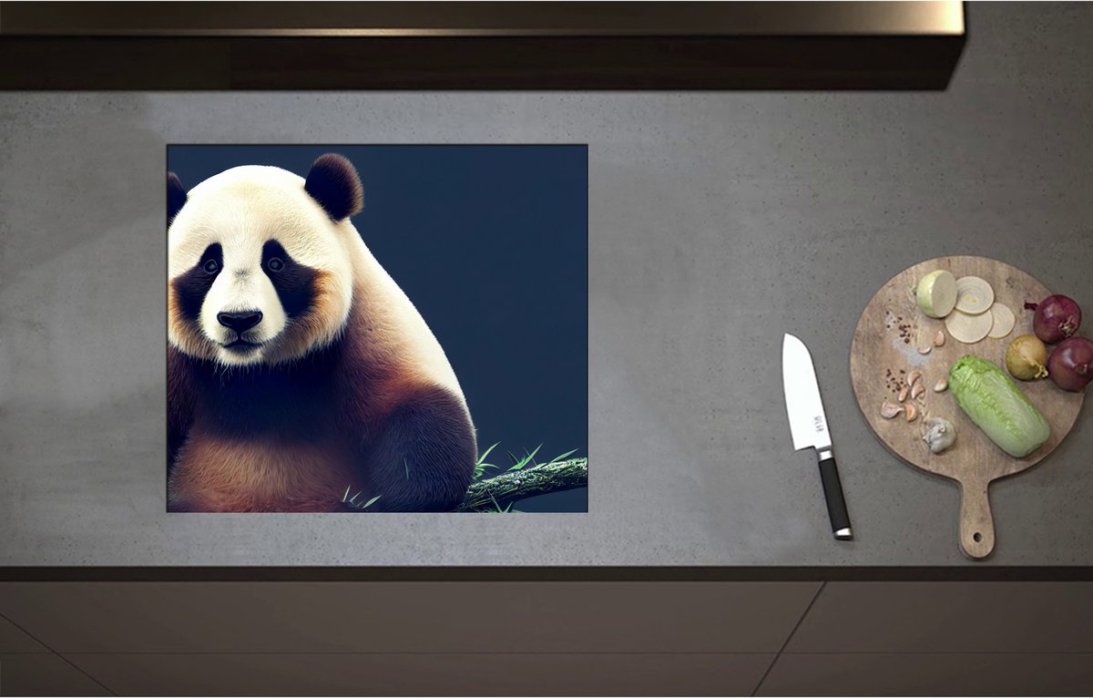 Inductieplaat Beschermer - Aankijkende Mollige Panda op Tak - 58x51 cm - 2 mm Dik - Inductie Beschermer - Bescherming Inductiekookplaat - Kookplaat Beschermer van Zwart Vinyl