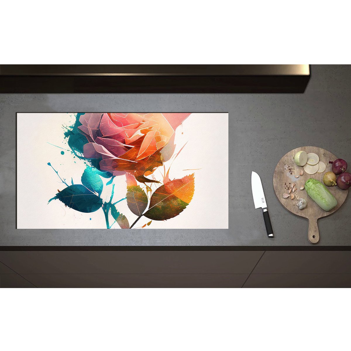Inductieplaat Beschermer - Abstracte Roos van Verschillende Kleuren op Witte Achtergrond - 90x50 cm - 2 mm Dik - Inductie Beschermer - Bescherming Inductiekookplaat - Kookplaat Beschermer van Wit Vinyl