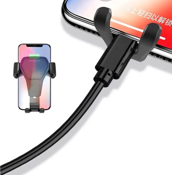 Zwarte telefoonhouder die een smartphone vasthoudt, met een oplaadkabel. Gedeeltelijk zichtbare telefoon.