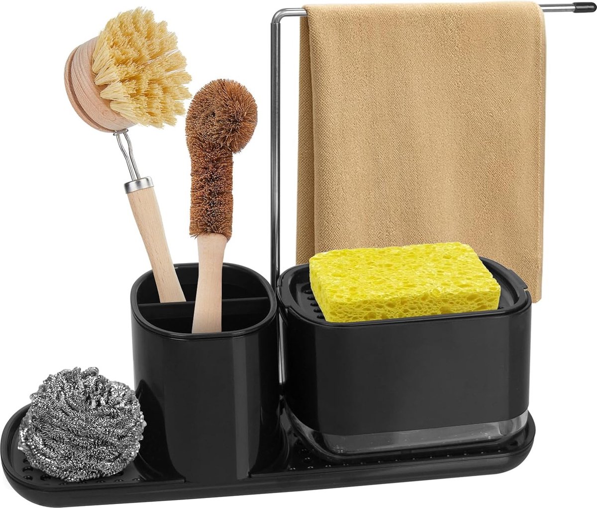 Keukenvloeistofdispenser-organizer met verwijderbare afvoerbak sponshouder en zeepbakje voor keuken en badkamer (zwart)