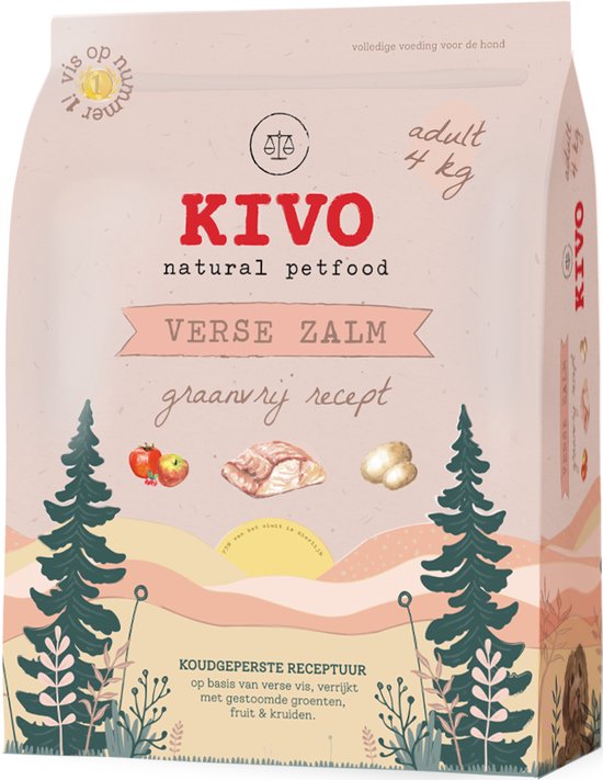 Kivo Petfood – Hondenbrokken – Verse zalm – 4 kg – Graanvrij, met vis, groenten, fruit & kruiden