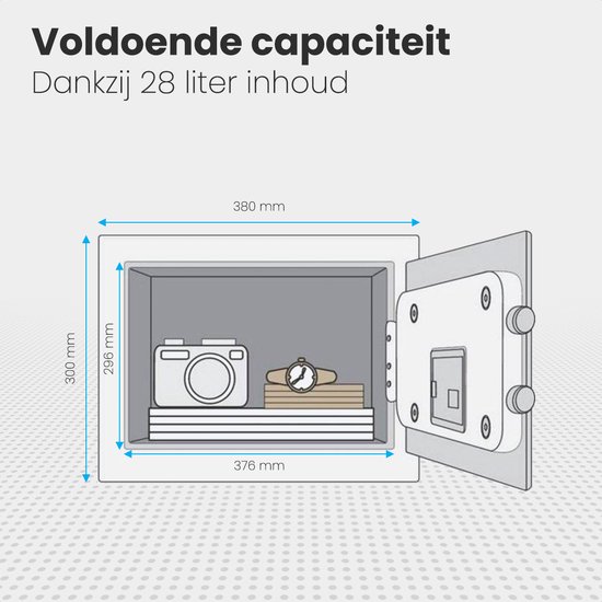 Open kluis met camera, horloge en stapel geld. Afmetingen 380x300x376 mm.
