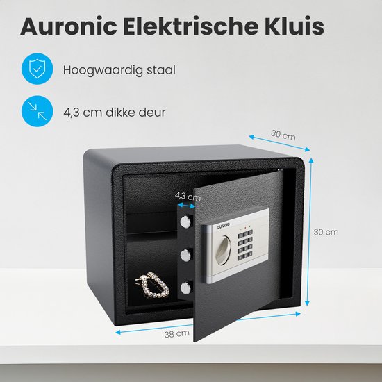 Auronic Elektronische Kluis - Cijferslot - Sleutel - Muurbevestiging - 4,3cm Deur - 130dB Alarm - 28L - 30x38x30cm - 10KG - Staal - Zwart