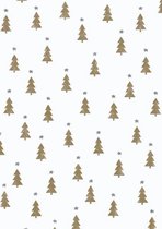 Cadeaupapier Kerst Kleine Kerstbomen Wit Goud K891775 - Toonbankrol breedte 30 cm