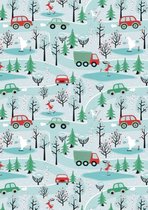 Kerstpapier Winterfun in het bos, Blauw/Groen K691722/1 - Toonbankrol breedte 70cm - 200m lang