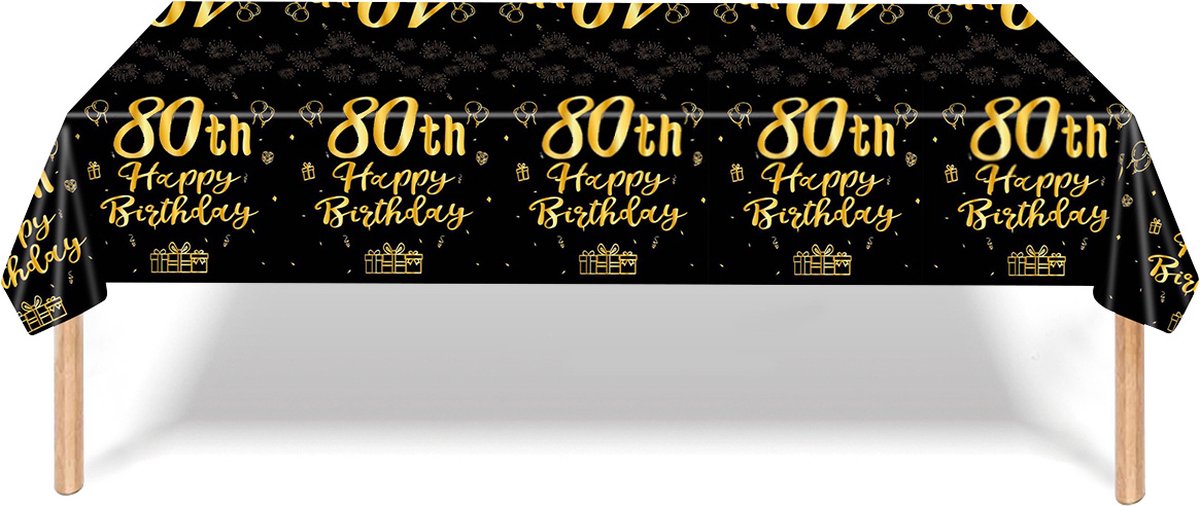 Tafelkleed 80 Jaar Verjaardag Versiering Tafelloper Plastic Tafelzeil Zwart Goud Feest Tafellaken Xl Formaat 137*274cm