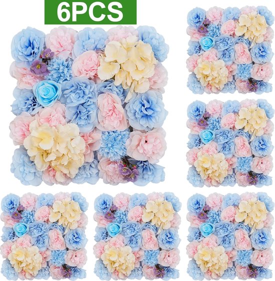 Clixify Flowerwall - Backdrop Decoratie Mix Gender reveal - Achtergronddoeken - 6x 38x38cm - Bloemenslinger - zijde Kunstbloemen decoratie - Bloemenmuur - 3D vlinders muurdecoratie