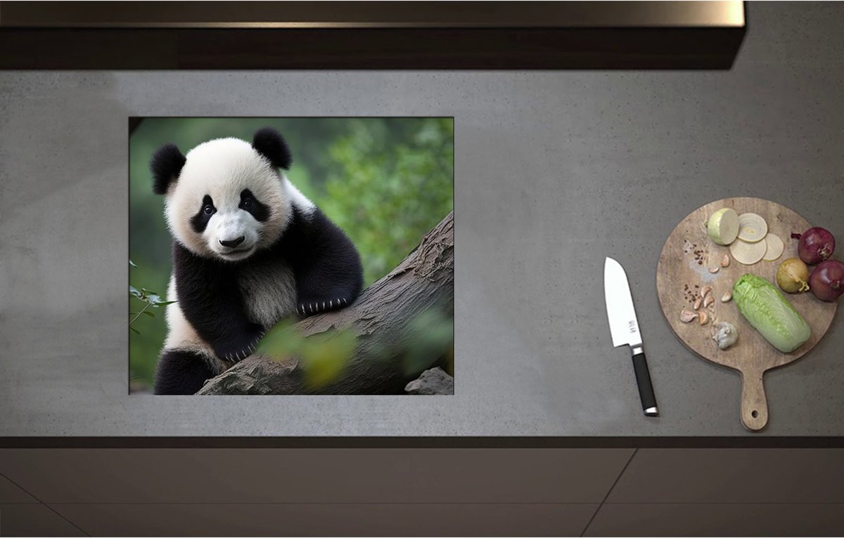 Inductieplaat Beschermer - Aankijkende Panda op Boomstam in het Bos - 58x50 cm - 2 mm Dik - Inductie Beschermer - Bescherming Inductiekookplaat - Kookplaat Beschermer van Wit Vinyl