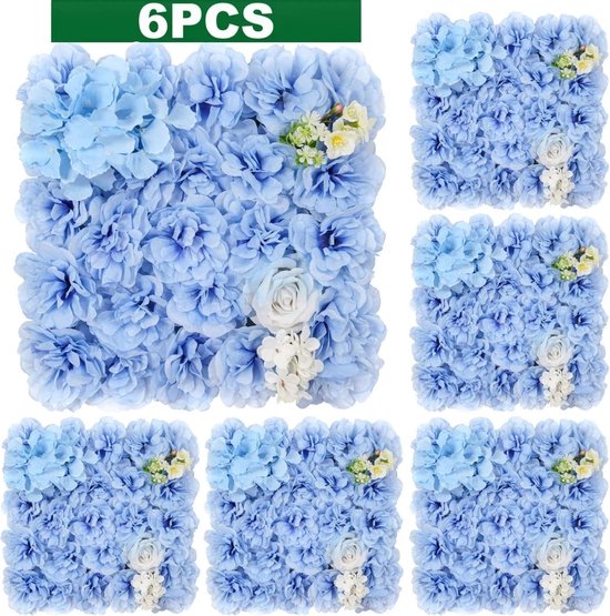 Clixify Flowerwall - Backdrop Decoratie Blauw - Gender reveal - Achtergronddoeken - 6x 38x38cm - Bloemenslinger - zijde Kunstbloemen decoratie - Bloemenmuur - 3D vlinders muurdecoratie