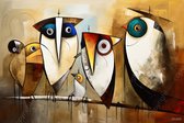 JJ-Art (Glas) 60x40 | Uilen op een tak, abstract surrealisme, Joan Miro stijl, humor, kunst | dier, boom, vogel, uil, rood, bruin, blauw, modern | Foto-schilderij-glasschilderij-acrylglas-acrylaat-wanddecoratie