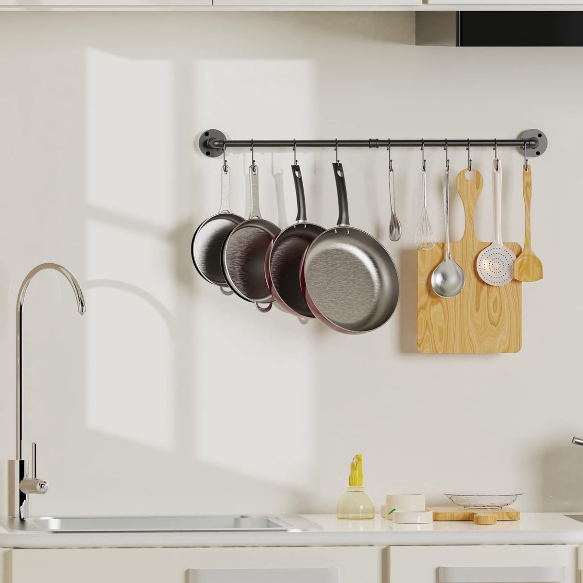 Porte-Casseroles Mural KES 75cm - 2 Niveaux Avec 12 Crochets - Organisateur Cuisine Noir
