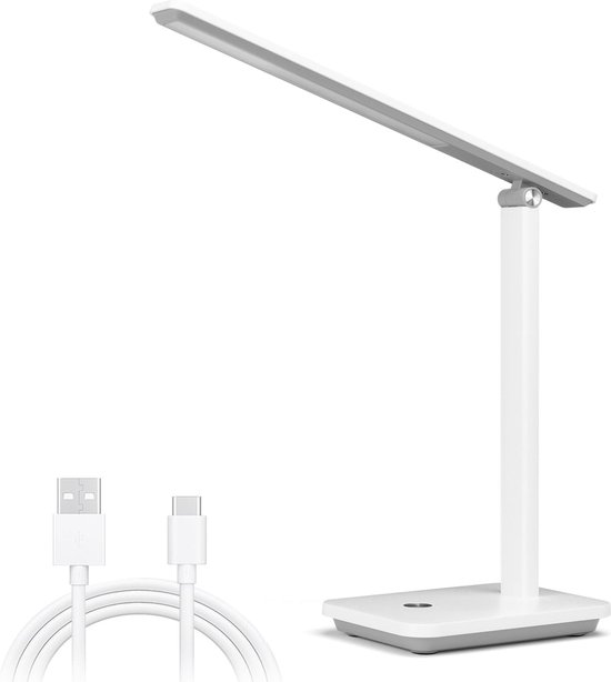 Aigostar 10O92 - Lampe de bureau LED Dimmable - 4 luminosité - Chargement USB - Dimmable - Pliable - Smart Touch - Lampe de lecture - 5W - Wit
