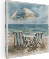 Artaza Canvas Schilderij Twee Stoelen op het Strand met een Parasol - 30x30 - Klein - Foto Op Canvas - Canvas Print