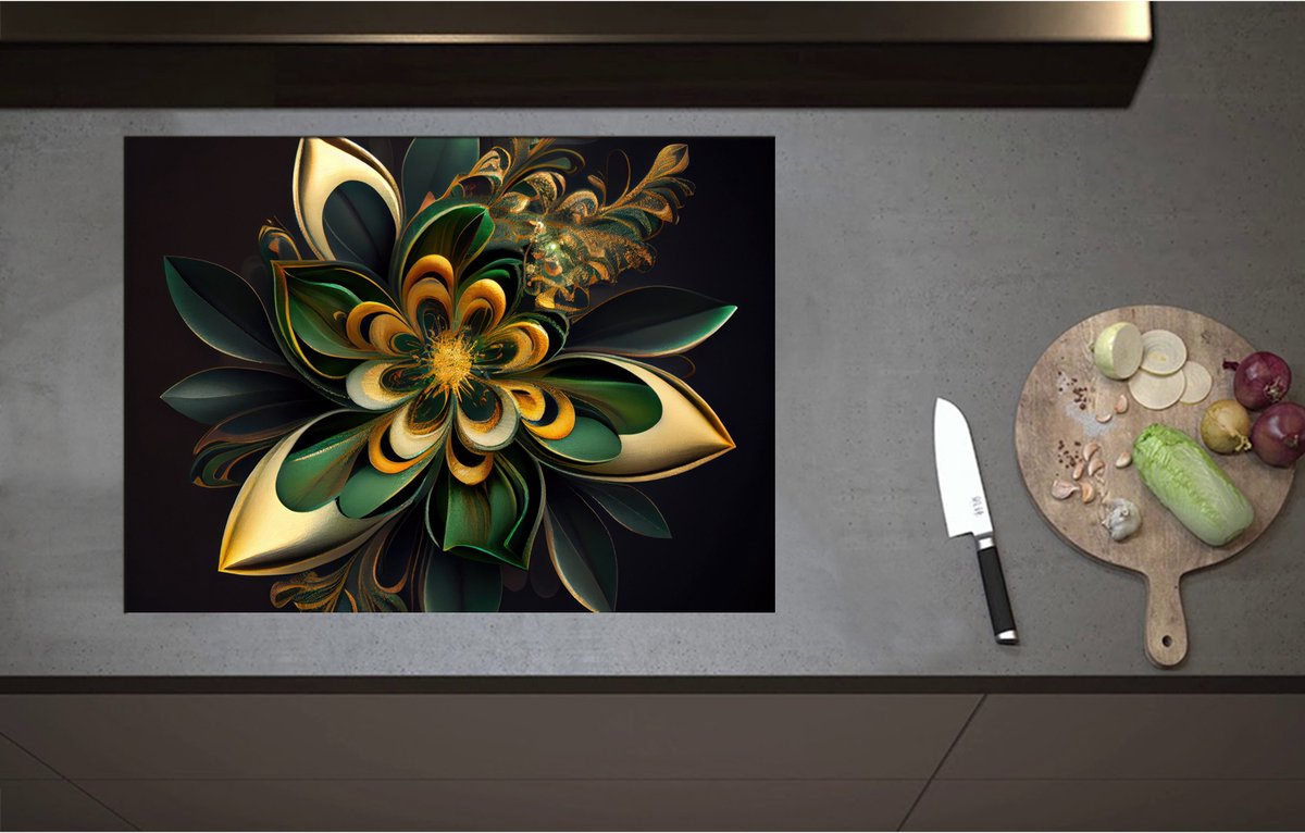 Inductieplaat Beschermer - Bloem in Groen en Goud Tinten - 75x55 cm - 2 mm Dik - Inductie Beschermer - Bescherming Inductiekookplaat - Kookplaat Beschermer van Zwart Vinyl