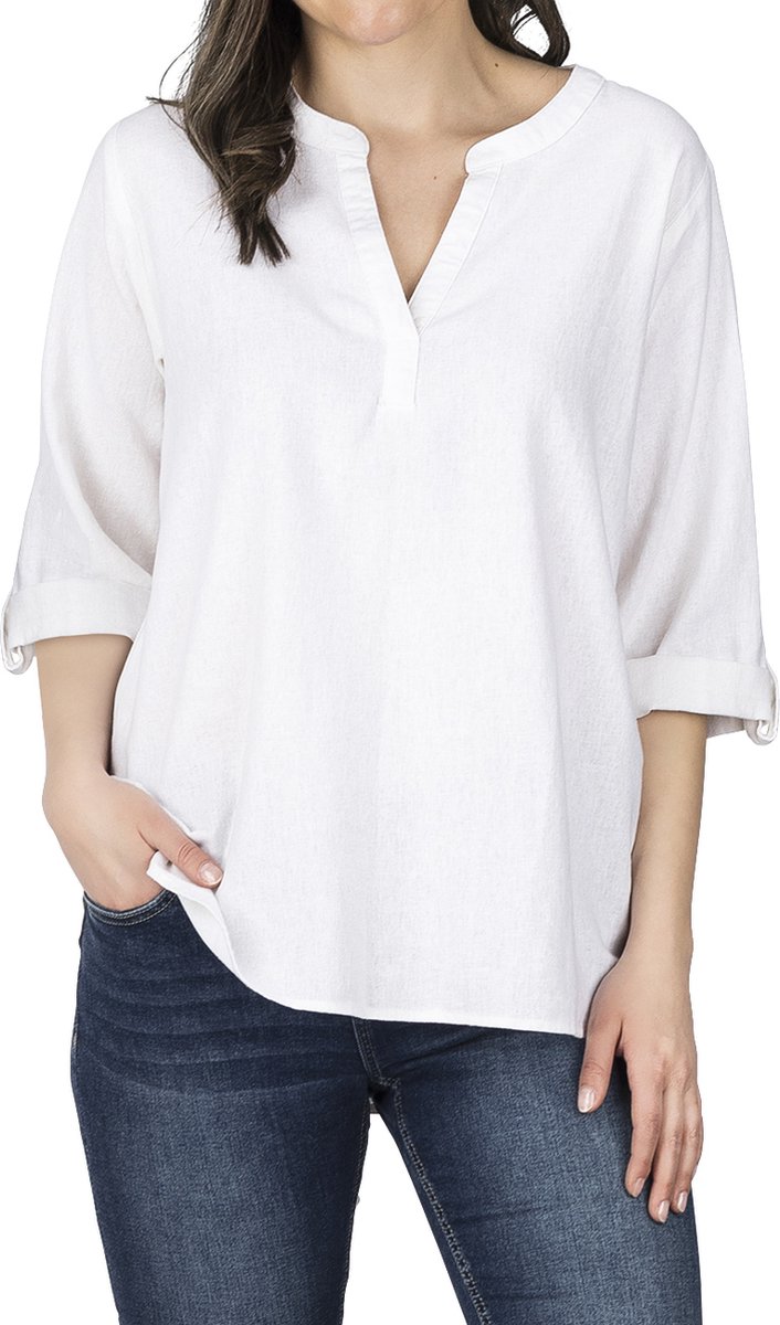 DENIMFY Dames Blouse DFSara regular fit Wit XXL V Hals Volwassenen Linnen blouse - Zomerse blouse