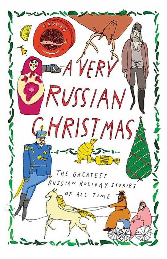 Boekomslag met de titel "A VERY RUSSIAN CHRISTMAS" en tekeningen van Russische figuren, een kerstboom en eten.
