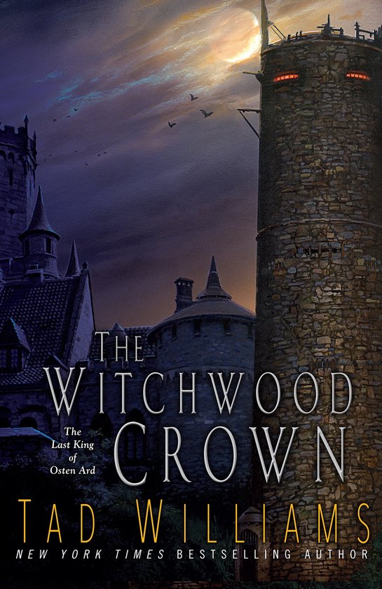 Boekcover 'The Witchwood Crown' van Tad Williams. Een stenen toren met rode lichten en een kasteel onder een dramatische lucht.