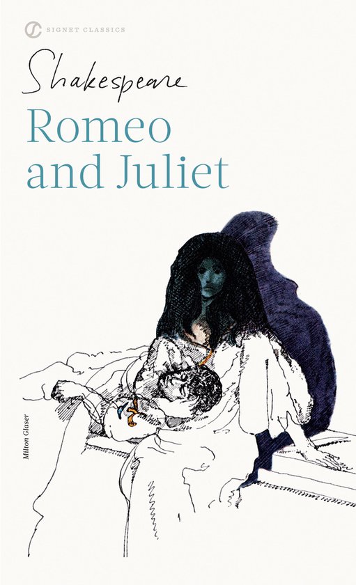 Romeo en Julia boekcover door Milton Glaser met een lijntekening van een figuur in een witte jurk bij een overledene.