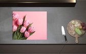 Inductieplaat Beschermer - Boeket van Roze Tulpen Liggend op Roze Oppervlak - 60x51 cm - 2 mm Dik - Inductie Beschermer - Bescherming Inductiekookplaat - Kookplaat Beschermer van Wit Vinyl