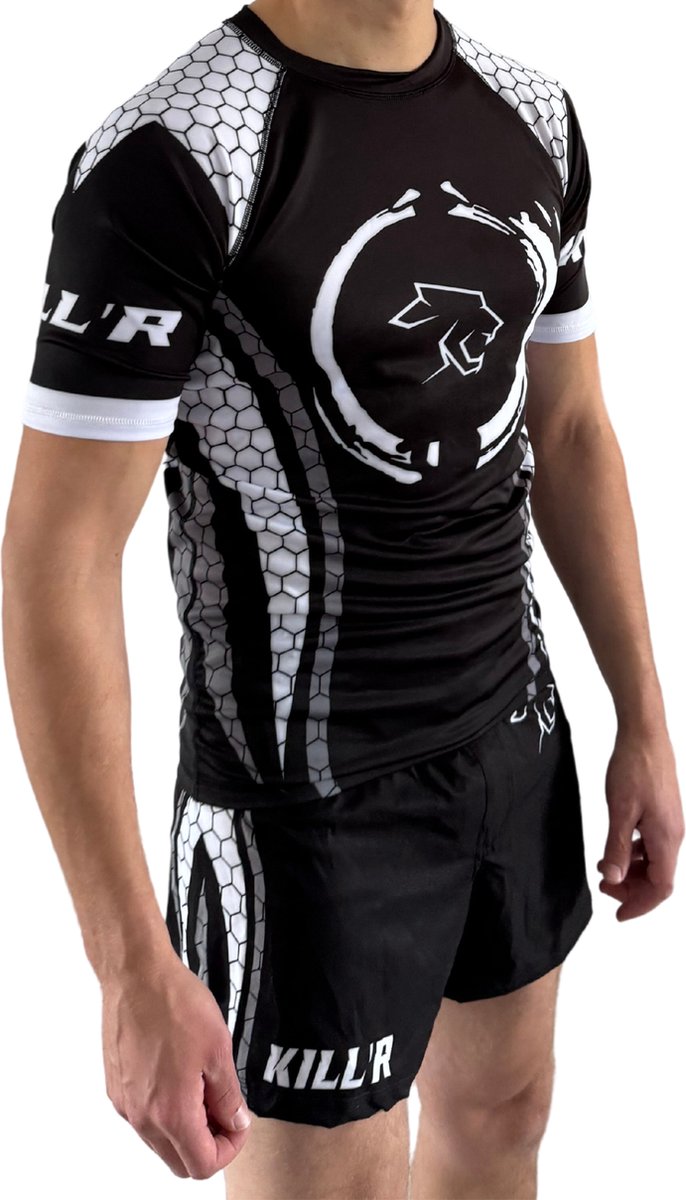 Rashguard - MMA / Kickboks Shirt - Vechtsport Kleding - Sport T-Shirt Zwart Wit
