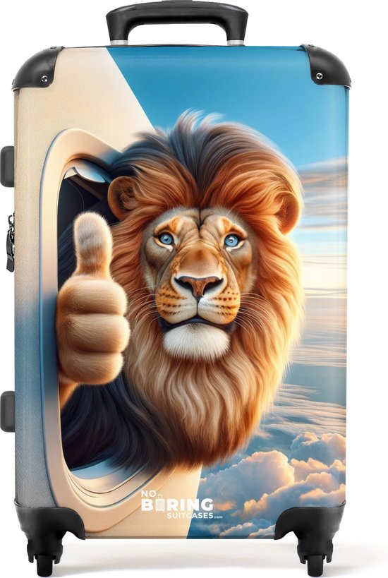 NoBoringSuitcases.com - Grote koffer - Leeuw met opgestoken duim uit een vliegtuigraam - Kinderkoffer jongen - Reiskoffer met 4 wielen - Trolley op wieltjes - Rolkoffer groot kinderen - 72 liter - Ruimbagage valies 20kg