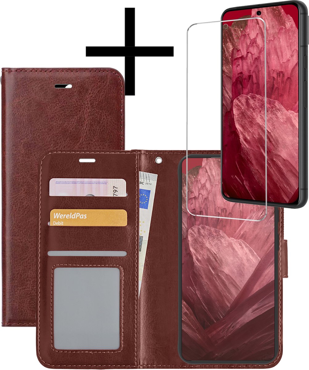 Hoesje - Met Screenprotector - Geschikt voor Google Pixel 8a - Luxe Pasjeshouder - Bookcase Portemonee - Flip Case - Kunstleer Book Case - Flipcase - Book Cover - Walletcase - Portemonneehoes - Bruin