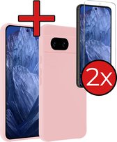 Hoesje Geschikt voor Google Pixel 8a Hoesje Siliconen Case Hoes Met 2x Screenprotector - Hoes Geschikt voor Google Pixel 8a Hoes Cover Case - Lichtroze