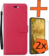 Hoesje Geschikt voor Google Pixel 8a Hoes Bookcase Flipcase Book Cover Met 2x Screenprotector - Hoes Geschikt voor Google Pixel 8a Hoesje Book Case - Donkerroze