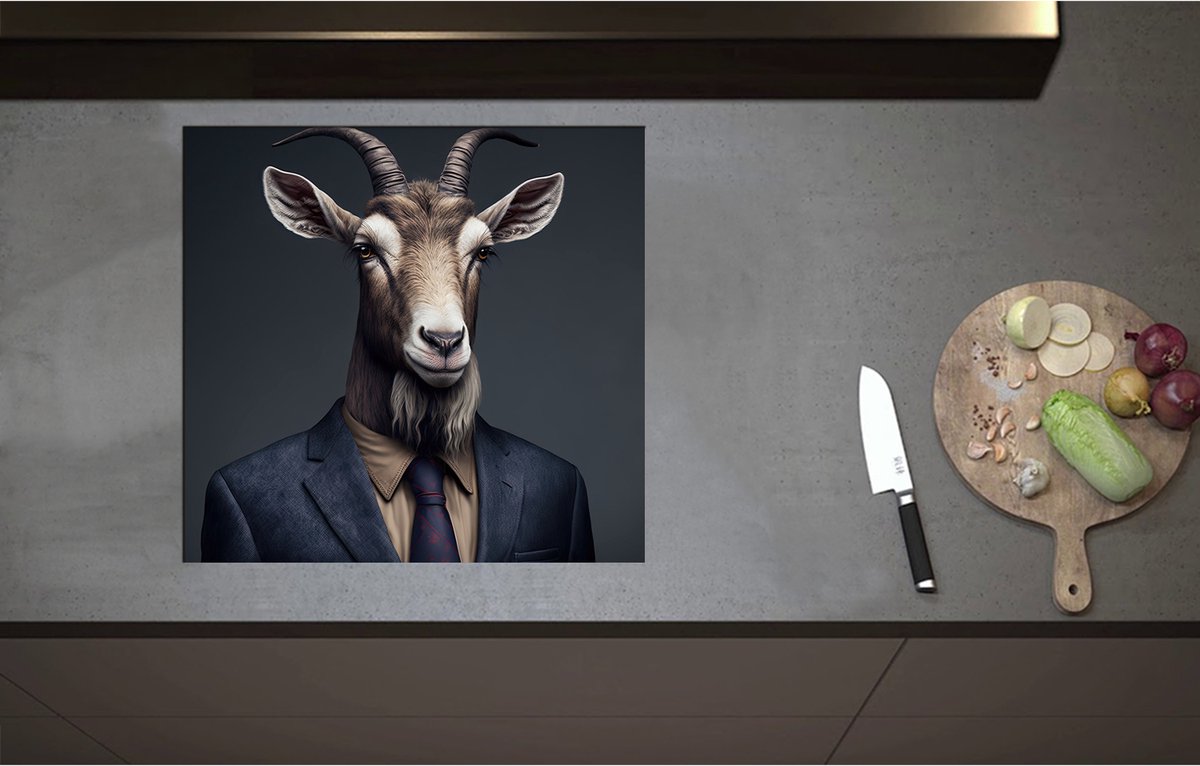 Inductieplaat Beschermer - Bok met Sik en Horens in Zakelijk Pak met Stropdas - 58x55 cm - 2 mm Dik - Inductie Beschermer - Bescherming Inductiekookplaat - Kookplaat Beschermer van Zwart Vinyl