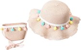 Zomerhoed stro - meisjes - mode - kinderen - zomer - roze hoed met gekleurde pompons eraan