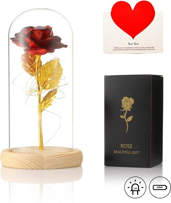 Roses cadeaux d'amour - Rose éternelle - Rose rouge/or dans une cloche en verre avec Siècle des Lumières LED - Cadeau romantique pour femme, petite amie, elle, mère - Anniversaire - Mariage - Noël - Fleurs artificielles - Cadeau fête des mères
