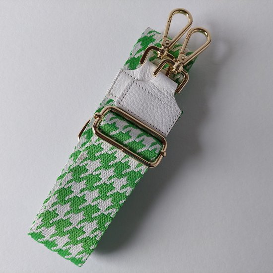 Tas hengsel bag strap groen wit mooi breed in een opvallende kleur. Maak jouw tas persoonlijker, groen wit katoen met leer afwerking