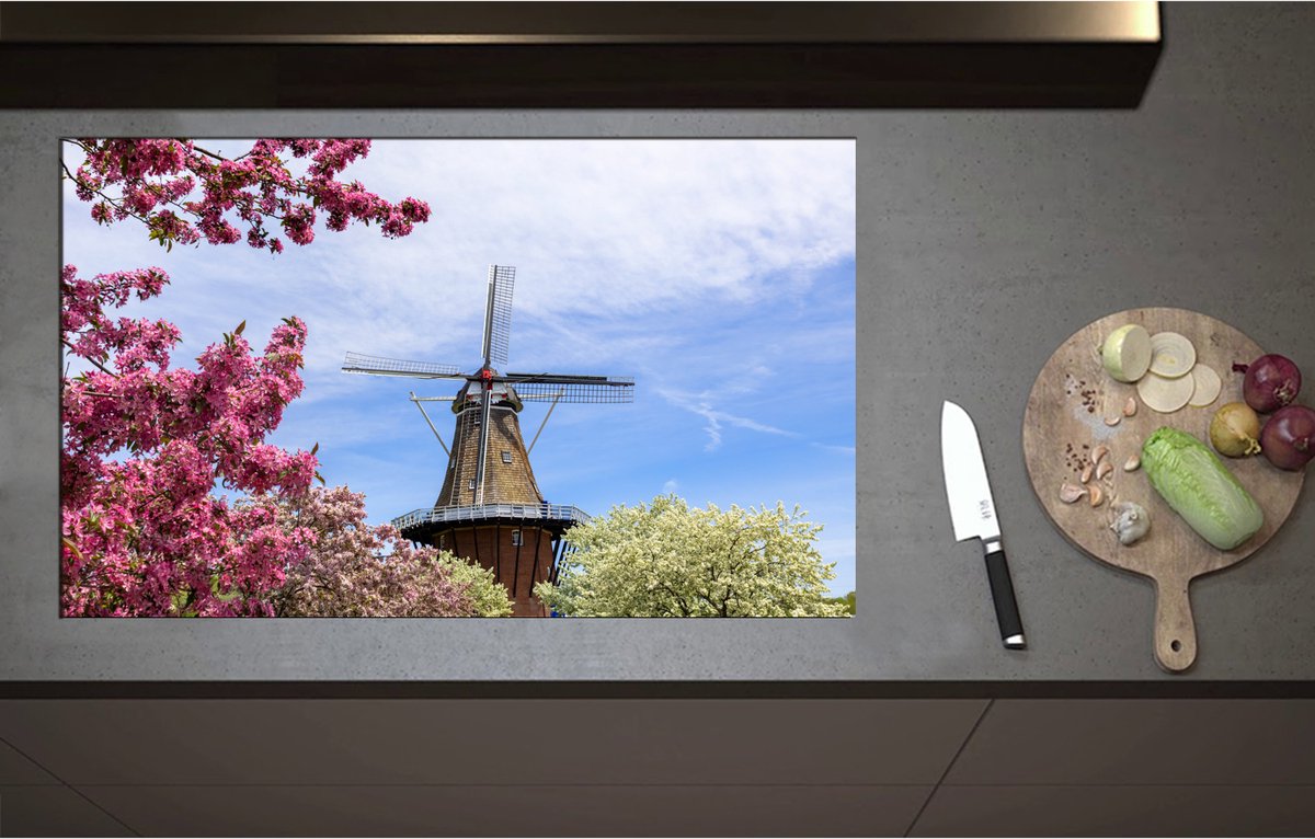 Inductieplaat Beschermer - Bloesembomen voor Traditione Molen in Nederland - 90x55 cm - 2 mm Dik - Inductie Beschermer - Bescherming Inductiekookplaat - Kookplaat Beschermer van Zwart Vinyl