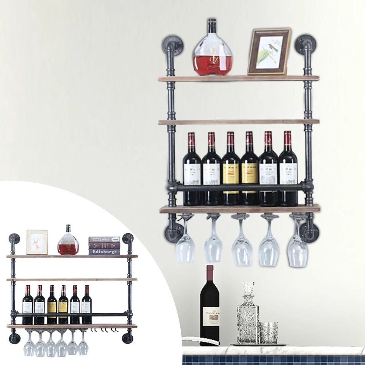 SureDeal® - Wandplank - Wijnrek - Wijnglazen Houder - 3 Planken - Industrieel - Hout - 100x60x20 cm - Woonkamer - Keuken - Slaapkamer - Wandrek - Muur — cadeau in Wonen & Interieur - foto 7