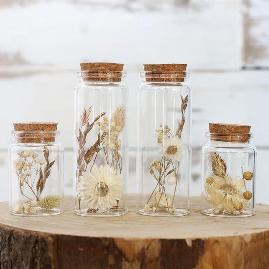 Foto: Droogbloemen in glas met kurk set van 4 gedroogde bloemendecoratie in elegante smalle glazen natuur droge bloemen