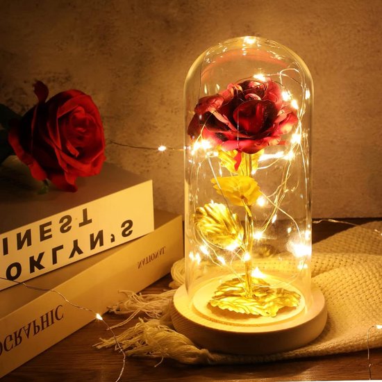 Eeuwige Roos in Glazen Koepel Rood Kunstrozen met LED-lichtstrip voor Valentijnsdag Kerstmis Moederdag Thanksgiving Day Verjaardag Jubileum droge bloemen