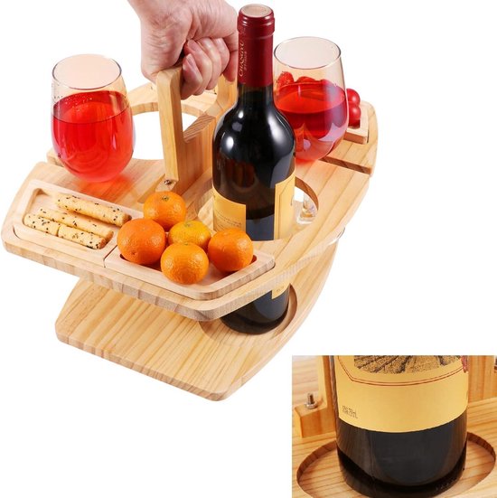 Foto: Draagbare picknicktafel outdoor wijn picknicktafel mini meubels snack tray kaaslade houten picknicktafel party met glashouder opvouwbare voor camping strand park camping table