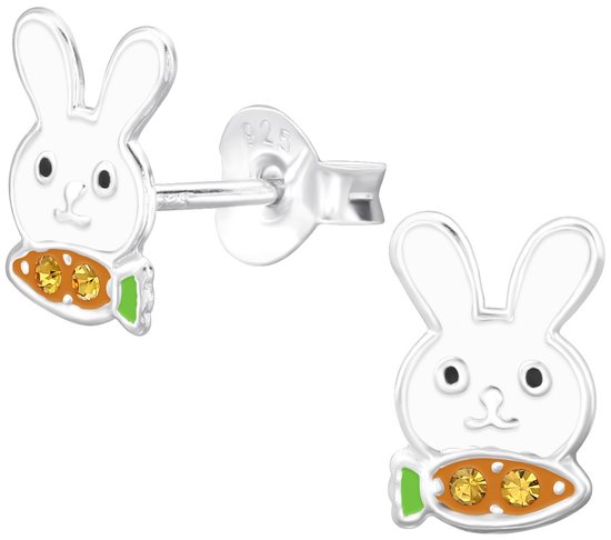 Joy|S - Zilveren konijn oorbellen - 5.9 x 8.6 mm - wit met oranje wortel - kristal - kinderoorbellen